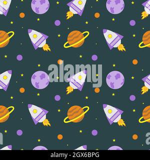 Weltraumrakete und Planeten mit Sternen auf blauem Hintergrund. Weltraumforschung. Stock Vektor