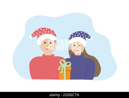 Weihnachten Familienurlaub. Ein Mann und eine Frau in Weihnachtsmützen schenken Geschenke. Stock Vektor