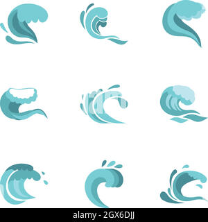 Curling und Cracking Wave Icons Set, flacher Stil Stock Vektor