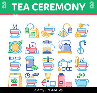 Tee Zeremonie Tradition Sammlung Symbole Set Vektor Stock Vektor