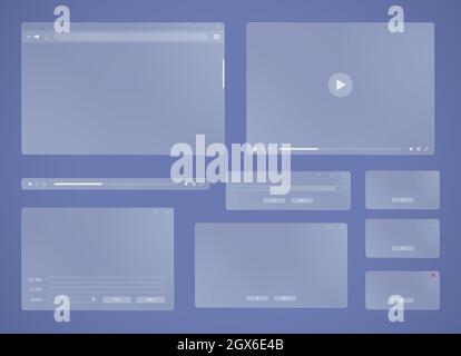 Fenster mit der Benutzeroberfläche aus Glas. Moderner Internetbrowser, Dialogfenster und Popup-Fenster mit Fehlermeldungen aus Milchglas Stock Vektor