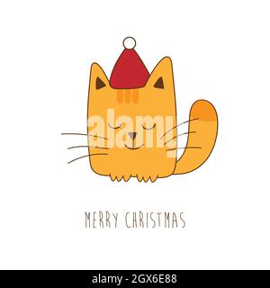 Weihnachtskarte mit niedlichen Ingwer-Katze. Kätzchen in rotem weihnachtsmütze. Frohe Weihnachten und glückliches neues Jahr Vektor-Illustration Stock Vektor