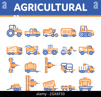 Landwirtschaftliche Fahrzeuge Vektor dünne Linie Symbole gesetzt Stock Vektor