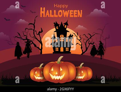 Frohe Halloween. Kinderkostüm in Halloween Fancy dress zu gehen Trick or Treating. mond, Banner, Hexe, Haunted House, Kürbisse und Fledermäuse. vektor illu Stock Vektor