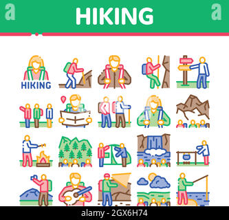 Wandern Extreme Tourismus Sammlung Icons Set Vektor Stock Vektor