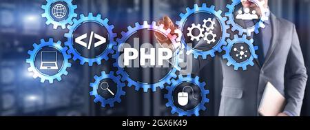 PHP-Codierungskonzept. Suche nach Programmierern. Technologiehintergrund. Stockfoto