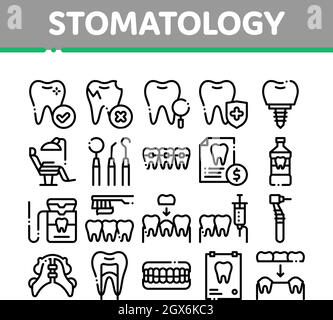 Stomatologie Sammlung Vektor dünne Linie Symbole gesetzt Stock Vektor