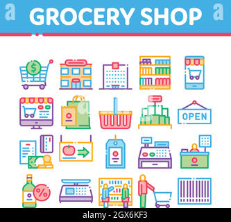 Lebensmittelgeschäft einkaufen Sammlung Icons Set Vector Stock Vektor