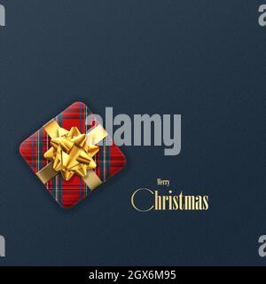 Weihnachten schönes Design von Weihnachten Geschenkbox aus Tartan rot grün Muster, goldene Schleife auf dunkelblauem Hintergrund. Goldener Text Frohe Weihnachten, traditionelles schottisches Geschenk, Platz für Text. 3D Abbildung Stockfoto