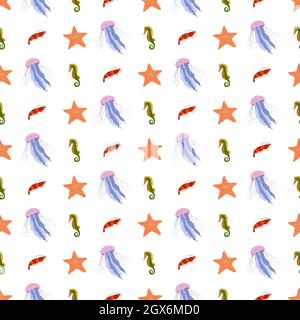 Seettier Nahtloses Muster mit Quallen, Seepferd und Garnelen, Seesterne. Unterwasser Welt Bewohner drucken. Handgezeichnete Unterwasserdarstellung des Lebensvektors. Lustige Cartoon Meerestiere Charakter Stock Vektor