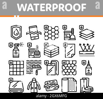 Wasserdichte Materialien Vektor dünne Linie Symbole gesetzt Stock Vektor
