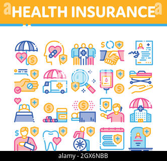 Krankenversicherung Care Collection Symbole Set Vektor Stock Vektor