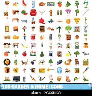 100 Garten- und Heimsymbole, Cartoon-Stil Stock Vektor