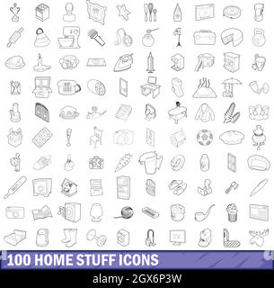 100 nach Hause Sachen Icons Set, Umriss-Stil Stock Vektor