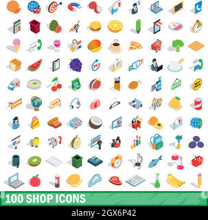 100 Shop Icons Set, isometrischen 3d Stil Stock Vektor