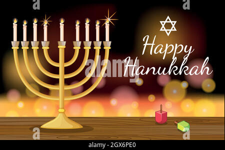 Happy Hanukkah Kartenvorlage mit Symbolen und Lichtern Stock Vektor