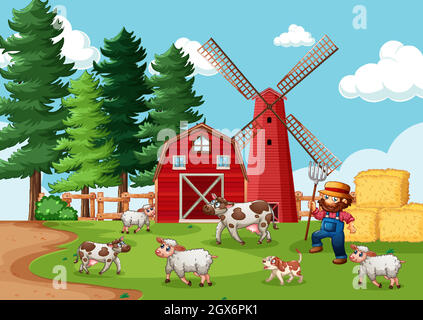 Farmer mit Tierfarm in Farmszene im Cartoon-Stil Stock Vektor