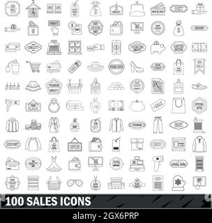 100 Verkäufe Icons Set, Umriss-Stil Stock Vektor