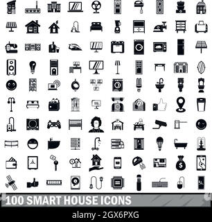 100 Smart house Symbole in einem einfachen Stil eingerichtet Stock Vektor