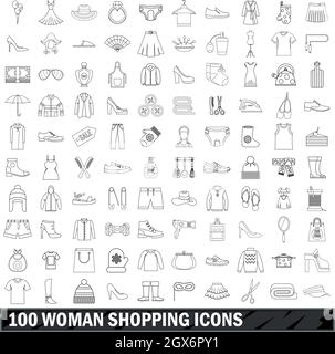 100 Frau shopping Icons Set, Umriss-Stil Stock Vektor