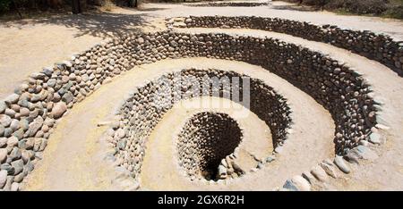 Cantalloc Aquädukt in Nazca oder Nazca Stadt, Spiral oder Kreis Aquädukte oder Brunnen, Peru, Inka Architektur und Kultur Stockfoto