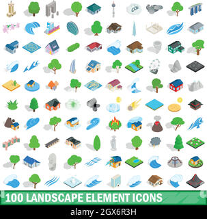 Satz der 100 Landschaft Elemente Symbole, isometrische Stil Stock Vektor