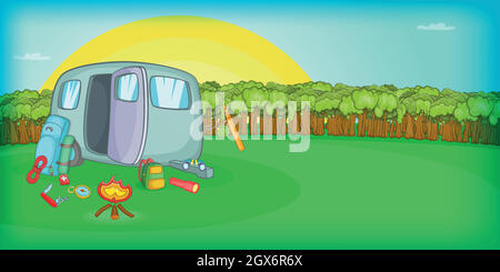 Camping horizontale Banner Sonnenuntergang, Cartoon-Stil Stock Vektor