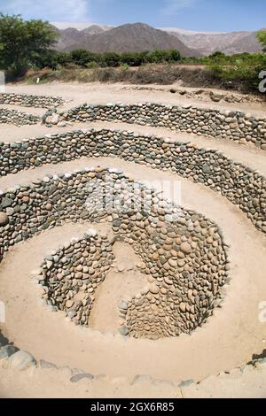 Cantalloc Aquädukt in Nazca oder Nazca Stadt, Spiral oder Kreis Aquädukte oder Brunnen, Peru, Inka Architektur und Kultur Stockfoto