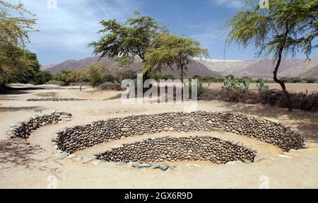 Cantalloc Aquädukt in Nazca oder Nazca Stadt, Spiral oder Kreis Aquädukte oder Brunnen, Peru, Inka Architektur und Kultur Stockfoto