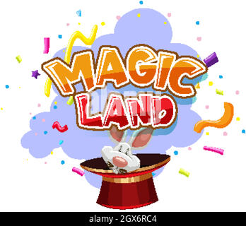 Schriftdesign für Wort Magic Land mit Hase in Zauberer Hut Stock Vektor