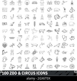 100 Zoo- und Zirkus-Ikonen, Umriss-Stil Stock Vektor