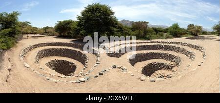 Cantalloc Aquädukt in Nazca oder Nazca Stadt, Spiral oder Kreis Aquädukte oder Brunnen, Peru, Inka Architektur und Kultur Stockfoto