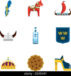 Symbole von Schweden Ikonen gesetzt, flachen Stil Stock Vektor