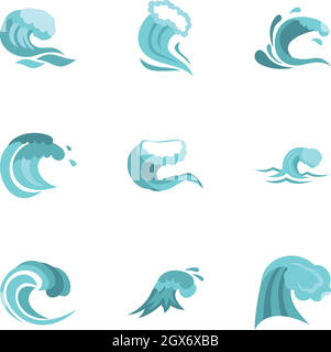 Set mit Wasserwellen-Symbolen, flacher Stil Stock Vektor