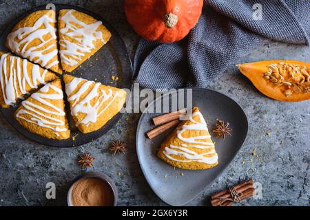 Feuchte Hokkaido-Kürbiskegel mit Zuckerglasur Stockfoto