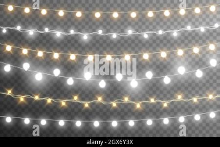 Weihnachtsbeleuchtung Kollektion. Girlanden in Gold und Silber. Realistische Leuchtelemente auf transparentem Hintergrund. Glühbirnen für Grußkarte. Vektor Stock Vektor