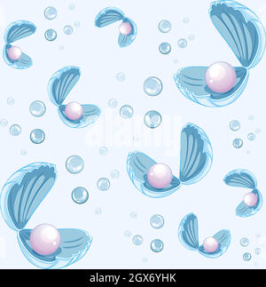 Set von Perle in Shell Cartoon-Stil auf blauem Hintergrund Stock Vektor