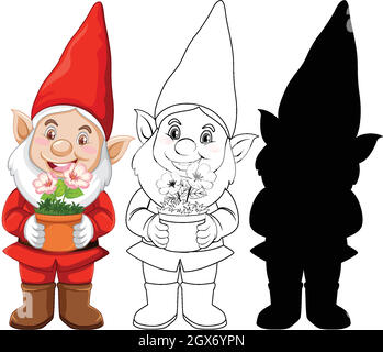 GNOME im weihnachtsmann Kostüm in Farbe und Umriss und Silhouette in Zeichentrickfigur auf weißem Hintergrund Stock Vektor