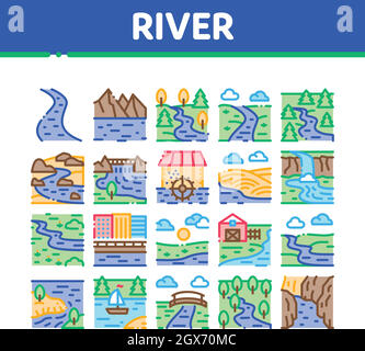 River Landscape Collection Icons Set Vector Stock Vektor