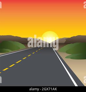 Flacher Highway in einer Wüstenlandschaft mit Sonnenuntergang - Vektor-Illustration Stock Vektor