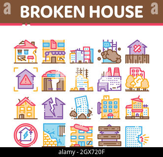 Broken House Building Sammlung Icons Set Vektor Stock Vektor