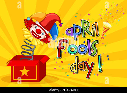 April Fool's Day Schriftlogo mit Jester aus Surprise Box auf gelbem Hintergrund Stock Vektor