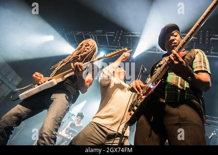 Dan Reed Network (Dan Reed, Brion James und Melvin Brannon) live im Konzert in der Birmingham O2 Academy, 17. Dezember 2017. Live-Rockmusik-Fotografie. Stockfoto