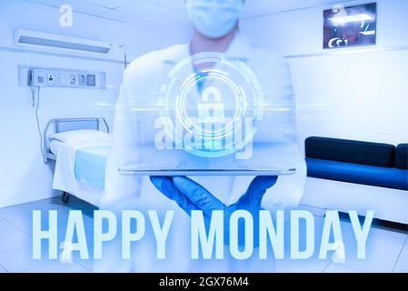 Textunterschrift mit Happy Monday. Internet-Konzept sagen, dass Person, um ihm zu wünschen große neue Woche Frau Anzug Schreiben auf dem Bildschirm Holding Stockfoto