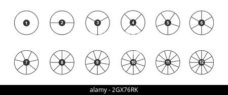 Kreise, die in Segmente mit Zahlen von 1 bis 12 unterteilt sind. Umreißen Sie runde Formen, die in gleichen Teilen geschnitten werden. Beispiele für einfache grafische Kreisdiagramme oder Ringdiagramme, isoliert auf weißem Hintergrund. Lineare Vektordarstellung. Stock Vektor