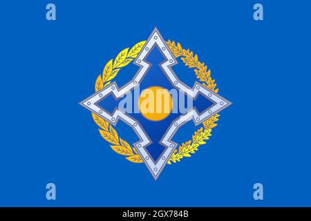 Minsk, Weißrussland - Mai, 2021: Flagge der Organisation des Vertrags über die kollektive Sicherheit winkt im Wind am Fahnenmast vor dem Hintergrund des blauen Himmels. 3d-Illustration. Stockfoto
