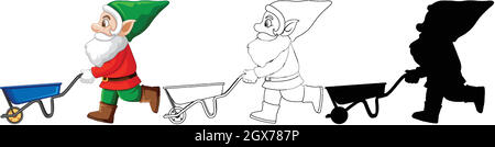 GNOME im weihnachtsmann Kostüm in Farbe und Umriss und Silhouette in Zeichentrickfigur auf weißem Hintergrund Stock Vektor