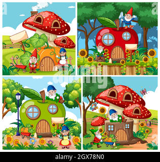 Set von isolierten gnome Märchen Häuser Cartoon-Stil auf Garten Hintergrund Stock Vektor