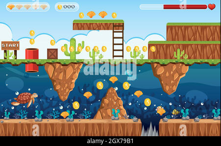 Abenteuer Spiel Land und Unterwasser-Szene Stock Vektor