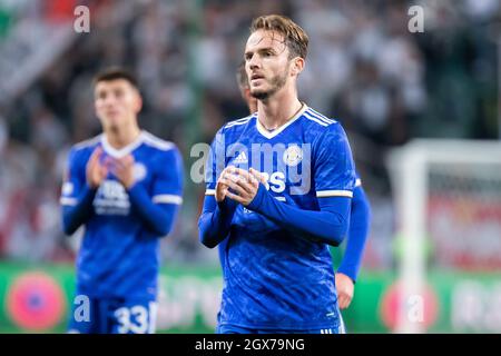 James Maddison vom FC Leicester City gesehen während des UEFA Europa League Group Stage Matches zwischen Legia Warszawa und dem FC Leicester City im Marshal Jozef Pilsudski Legia Warsaw Municipal Stadium.Endstand; Legia Warszawa 1:0 Leicester City FC. Stockfoto